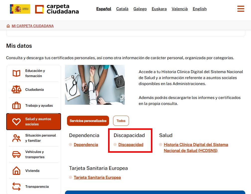 Pantalla de la carpeta ciudadana donde se ven dónde están las opciones de "Mis Datos" y acceder a los datos de salud y asuntos sociales.